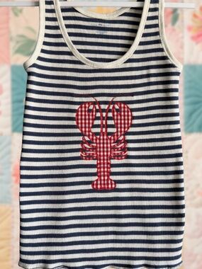 Red Gingham Lobster Patchwork Embroidered on a Navy Blue Stripe Brandy Melville